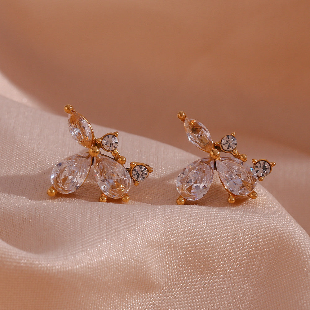 Elegant Flower Leaf 3A Cubic Zirconia 18k Gold Waterproof Stainless Steel Stud Earrings