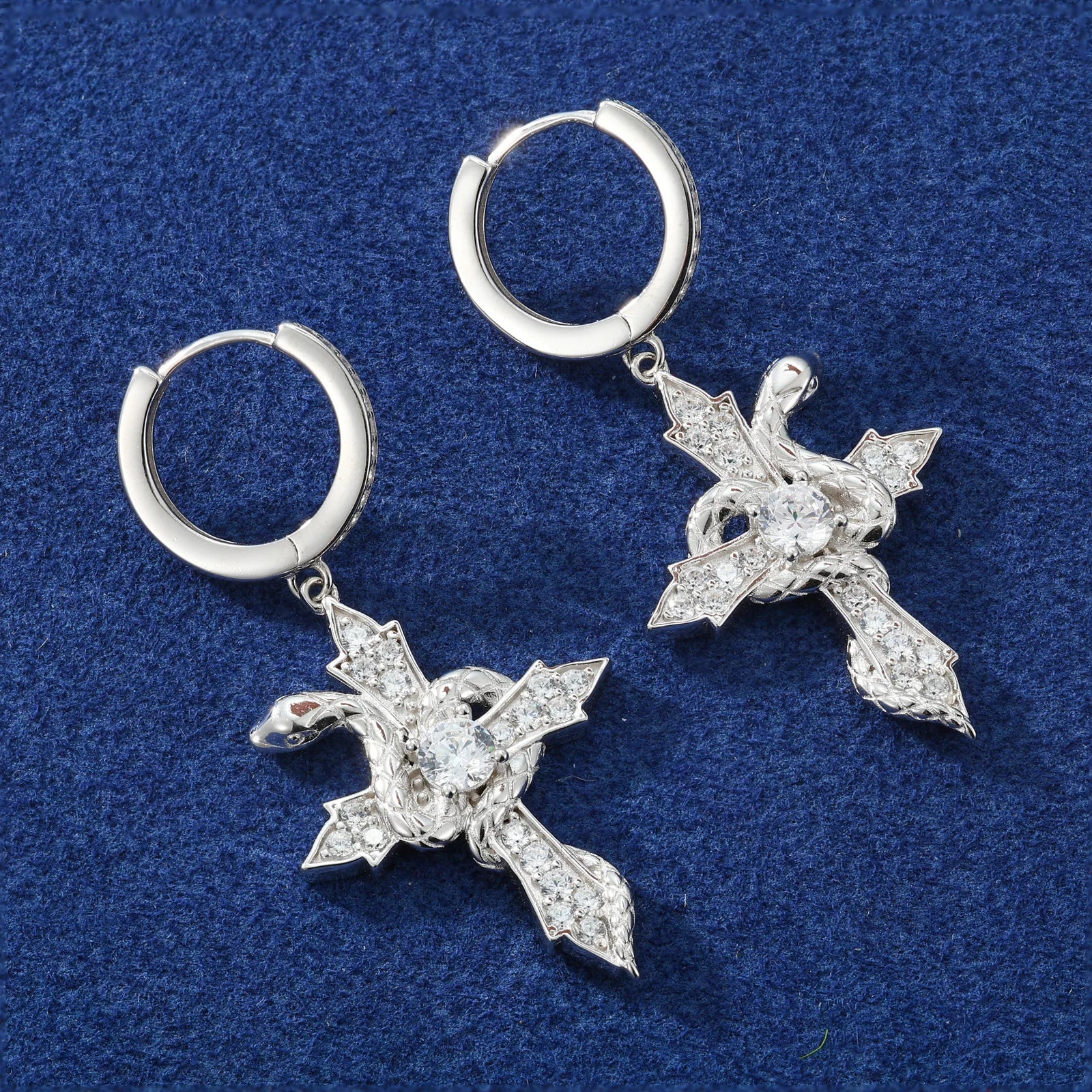 Serpent Arrow Cross | Iced Blinged Out Moissanite Diamond Huggie Dangle 925 Silver Earrings