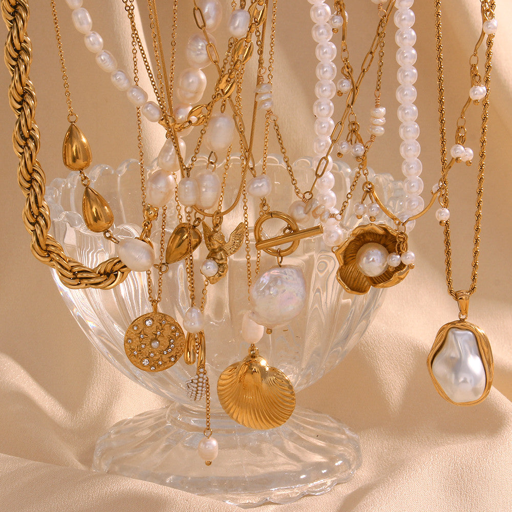 Women's 18k Gold Stainless Steel Waterproof Imitation Pearl Irregular Series Necklace