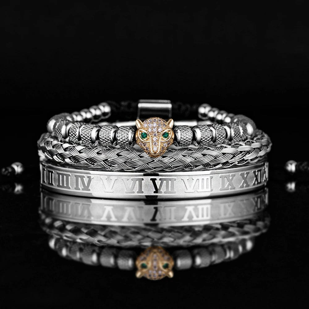 Men's Luxury Leopard Eye Roman Numeral Bangle VVS Diamond CZ Bling Bracelets