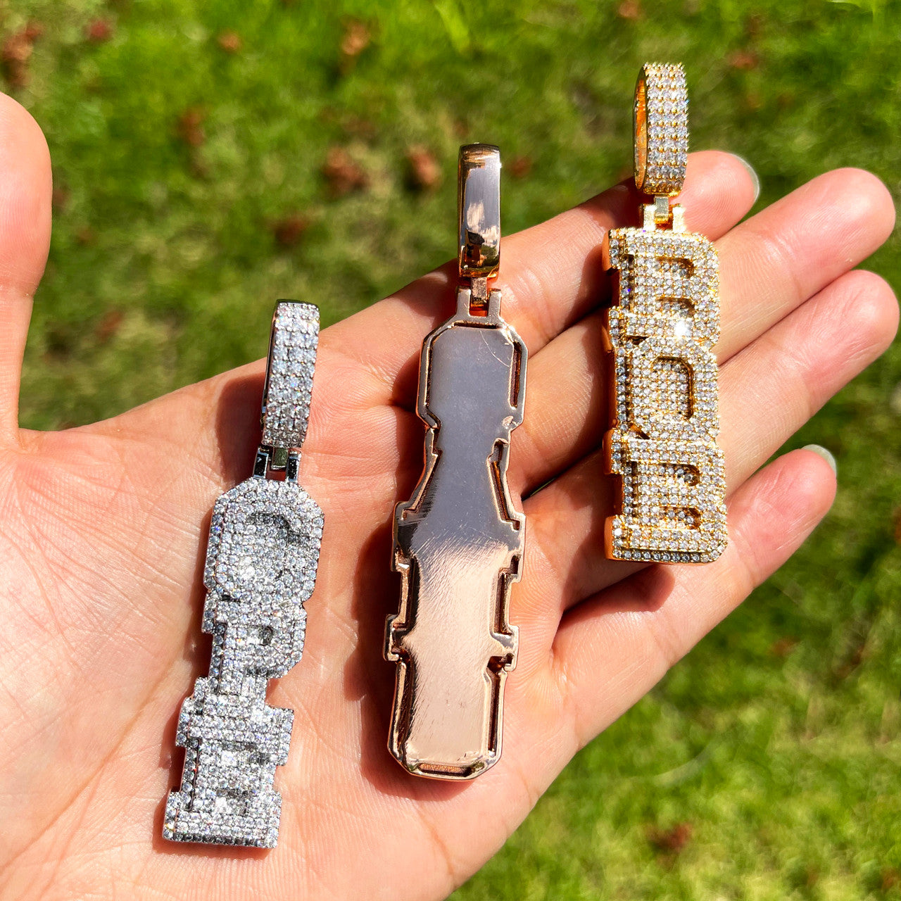 StackedIce | Vertical Cluster Stone Prong Set Custom Nameplate Hip Hop  Pendant