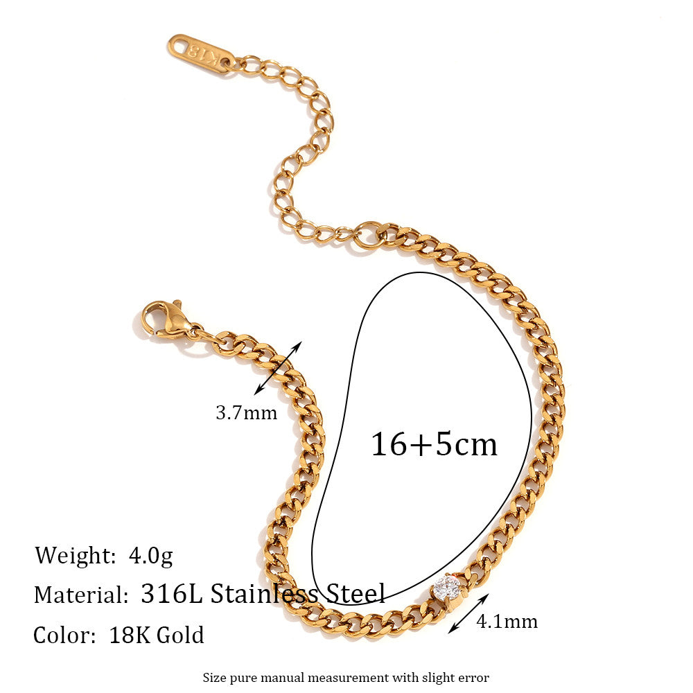 Ladies 18k Gold No Fade Stainless Steel Waterproof Center Stone Bracelet