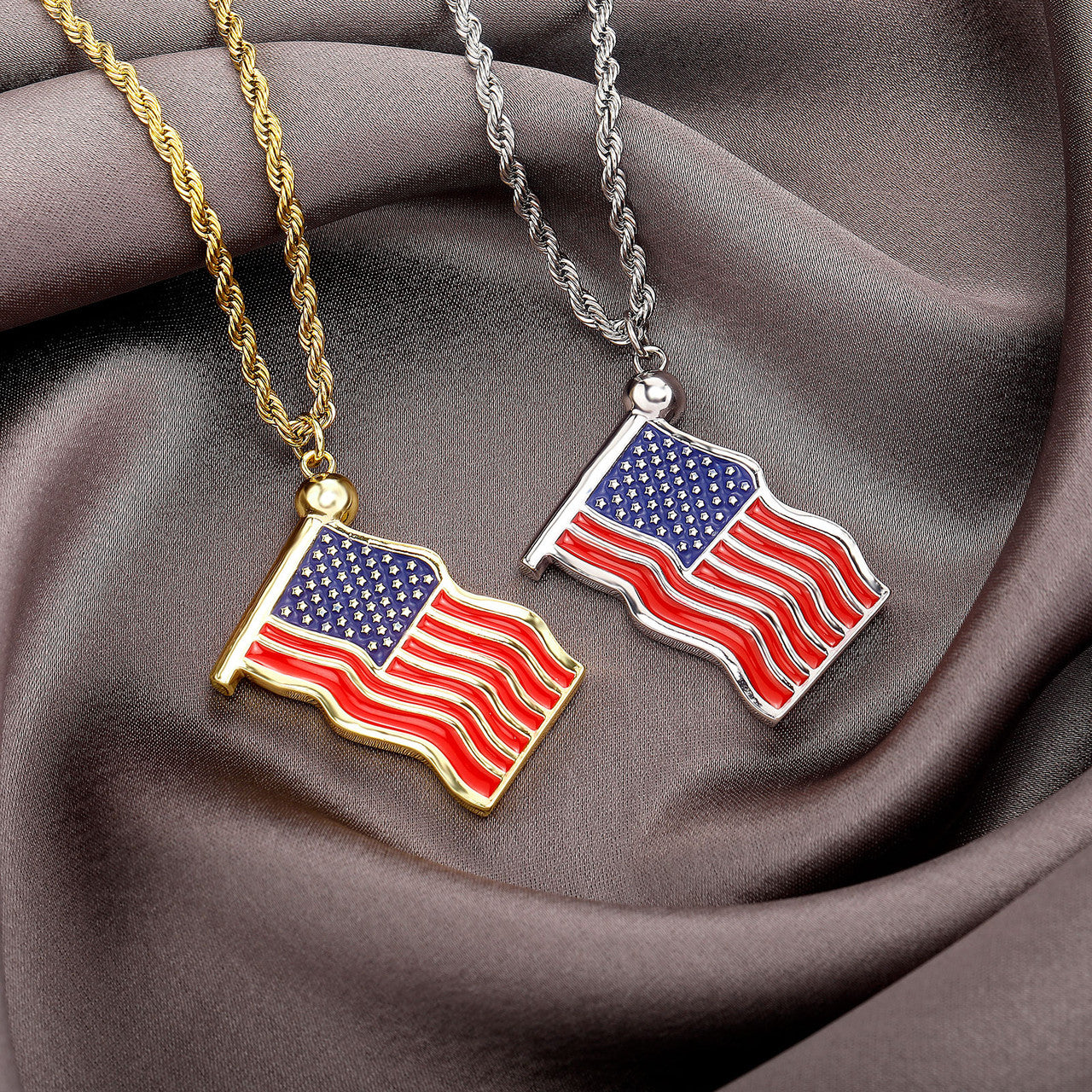 God Bless America | Red Oil American Flag 14k Gold 925 Silver Pendant Chain Necklace
