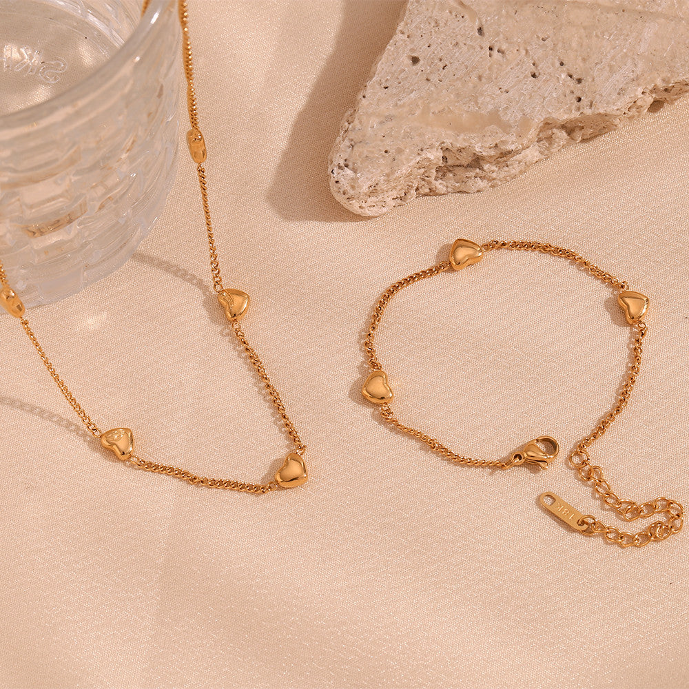 18k Gold Stainless Steel Heart Bracelet Necklace Waterproof Jewelry Set