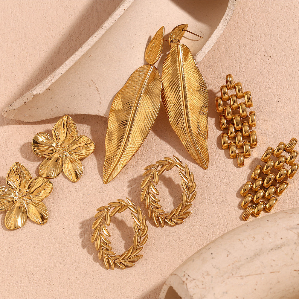 Ladies Leaf Sea Shell Tear Drop Diagonal Circular Bohemian 18k Gold No Fade Earrings