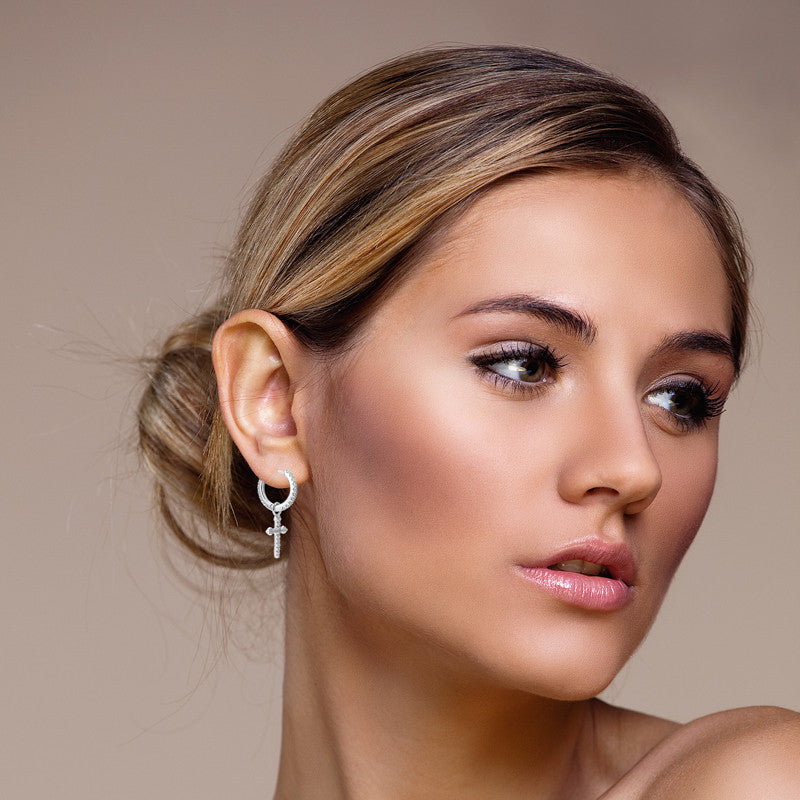 Crossed Huggie | Solid Sterling Silver VVS Diamond CZ Stone Cross Hoop Hip Hop Earrings