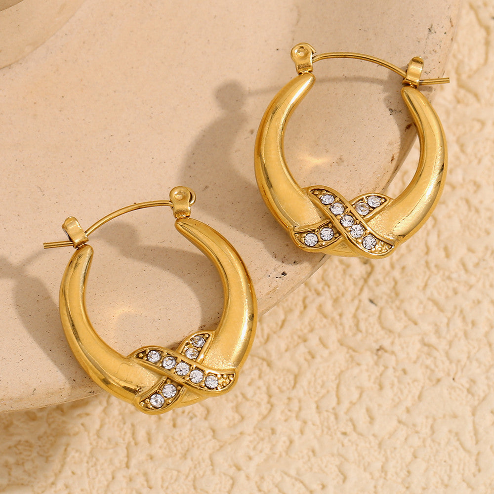 18k Gold Stainless Steel Designer Luxury Crossing X Rhinestone Hoop Bling Earrings