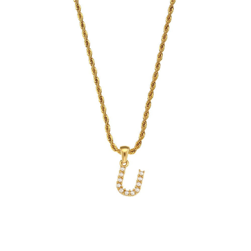 18k Gold No Fade Stainless Steel PVD Tarnish Free Elegant Pearl Letter Necklace