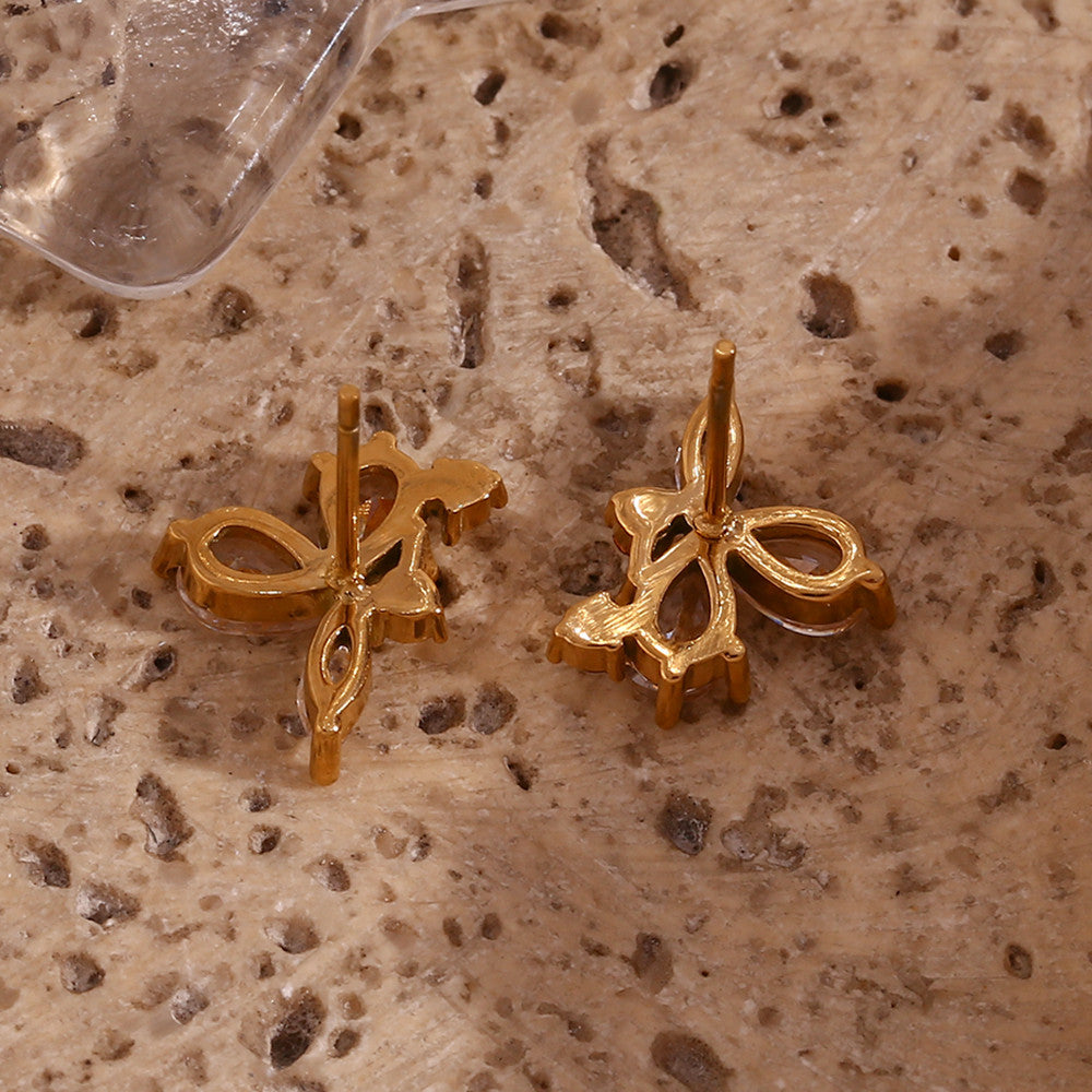 Elegant Flower Leaf 3A Cubic Zirconia 18k Gold Waterproof Stainless Steel Stud Earrings