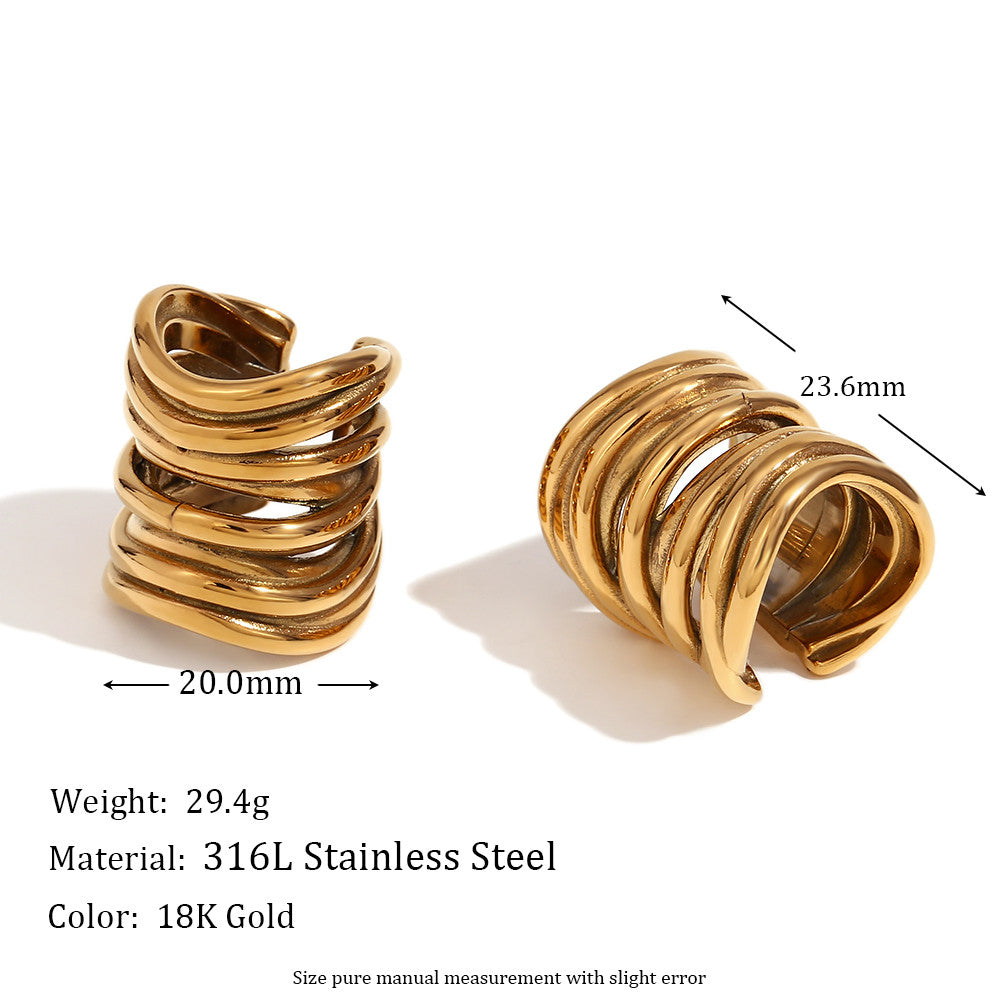 18k Gold Wrap Classic Circular Wave V-shaped Multi Layer Stainless Steel Earrings