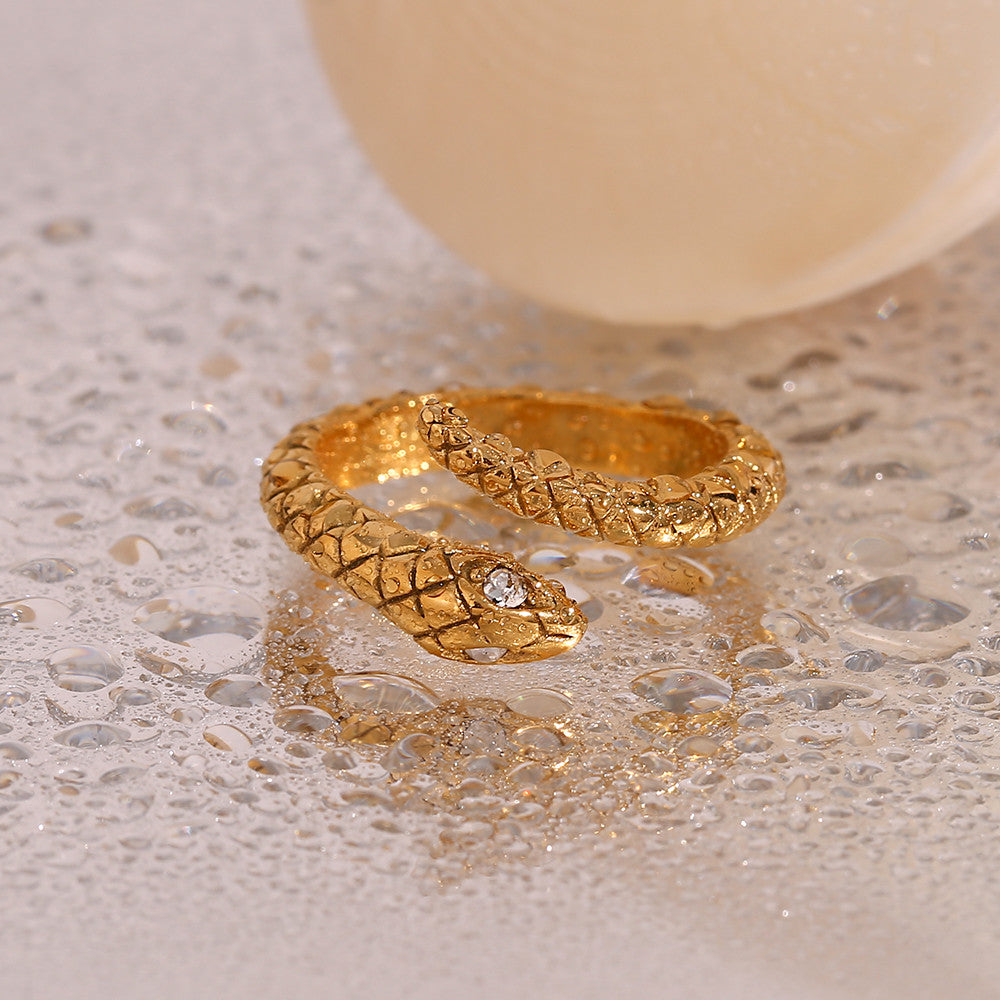 No Fade Waterproof Hypoallergenic 18k Gold Over Solid Stainless Steel Crystal Eye Snake Rings