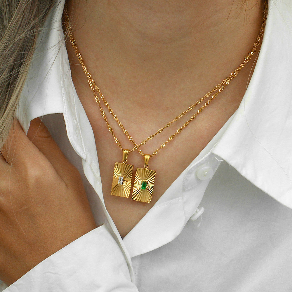 Sunburst 18k Gold Over Stainless Steel Waterproof Rectangle 316L Chain Necklace