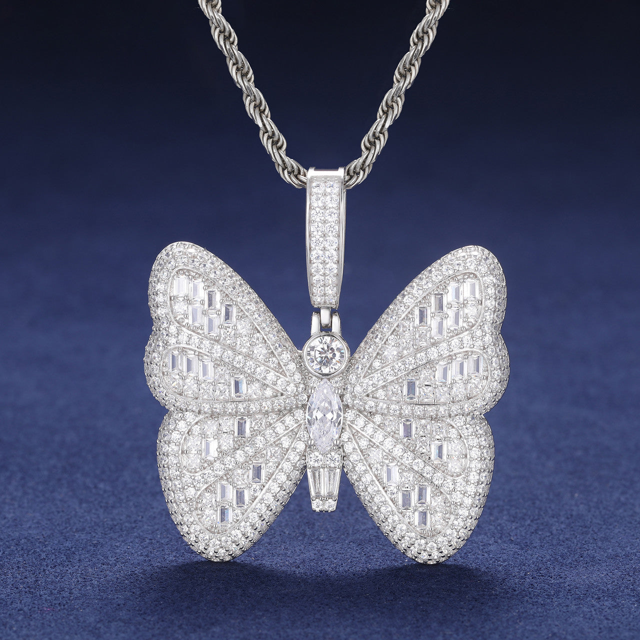 Iced Blinged Out Moissanite Diamond Sterling Silver Butterfly Hip Hop Pendant Necklaces