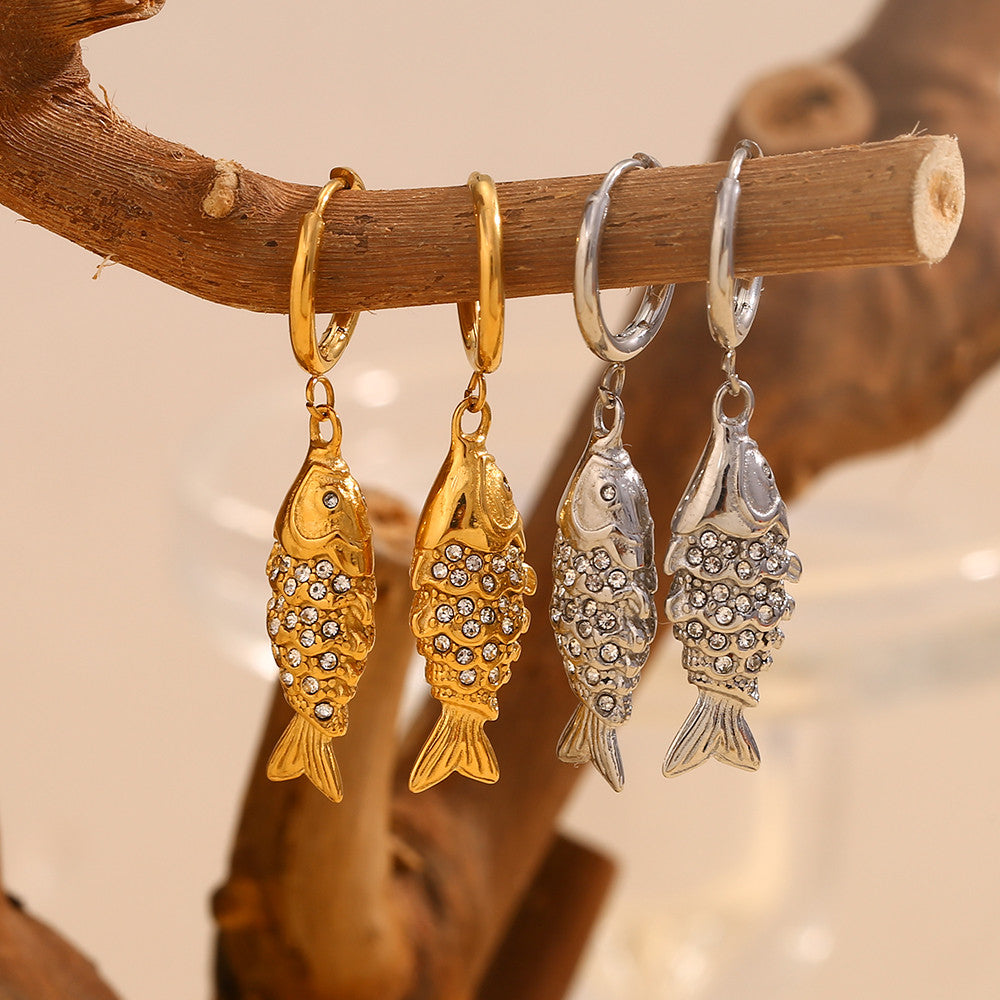 18k Gold Stainless Steel Rhinestone Koi Fish Waterproof Necklace Earring Jewelry Set