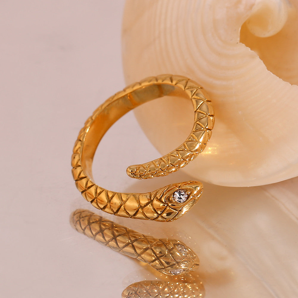 No Fade Waterproof Hypoallergenic 18k Gold Over Solid Stainless Steel Crystal Eye Snake Rings
