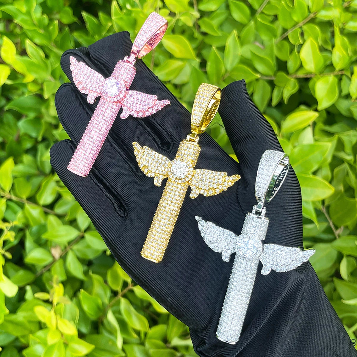Angelic Cross | Iced Blinged Out 5A+ VVS Diamond Angel Wings Cross Center Stone Pendant