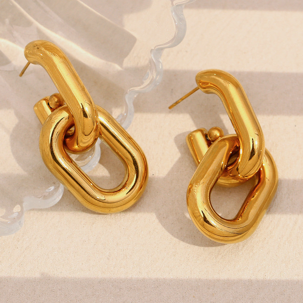 Ladies 18k Gold Stainless Steel Hollow Chain Link Dangle Waterproof Earrings