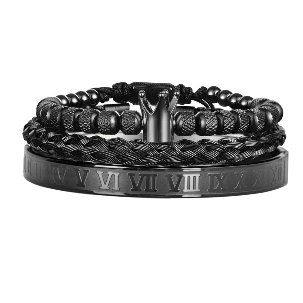 Smooth Luxury | Roman Numeral Kings Crown Stainless Steel 3 Piece Bracelet Set