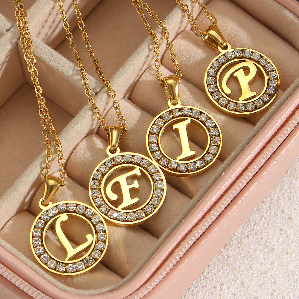18k Gold Waterproof Hollow Round CZ Paved 26 Alphabet Initial Necklace