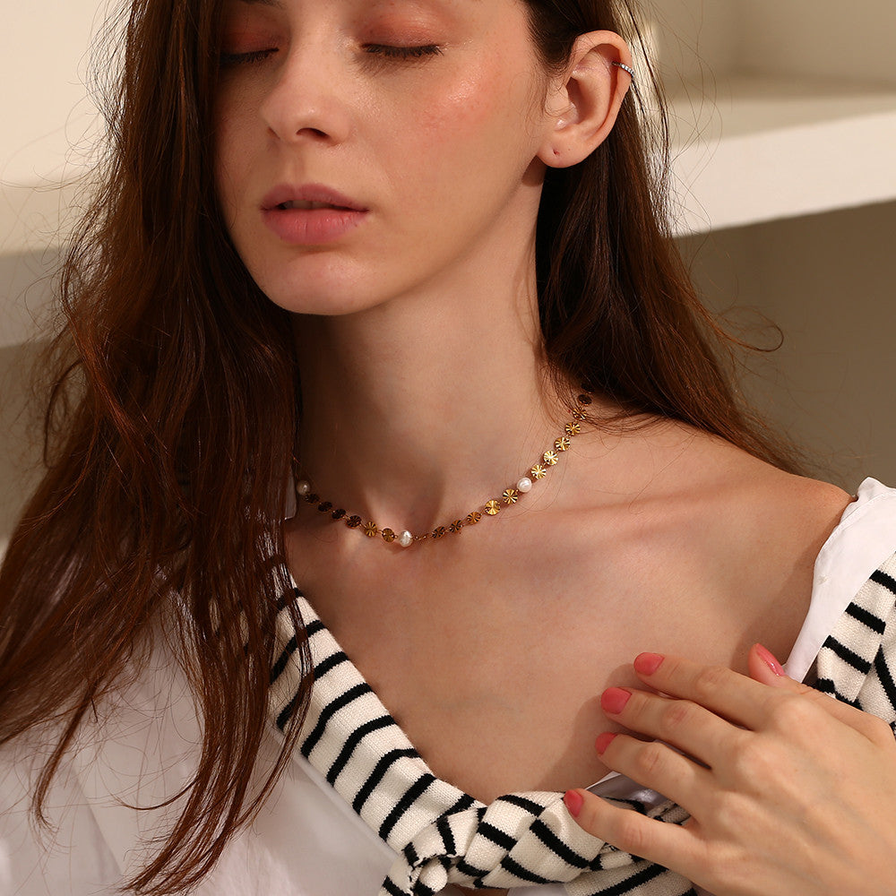 18k Gold Elegant Freshwater Pearl Water Resistant Flower Sequins Necklace Bracelet Set