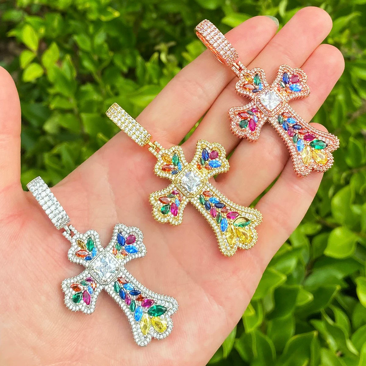 Technicolor Cross | 5AA+ VVS Diamond CZ Centerstone Iced Blinged Out Cross Pendant