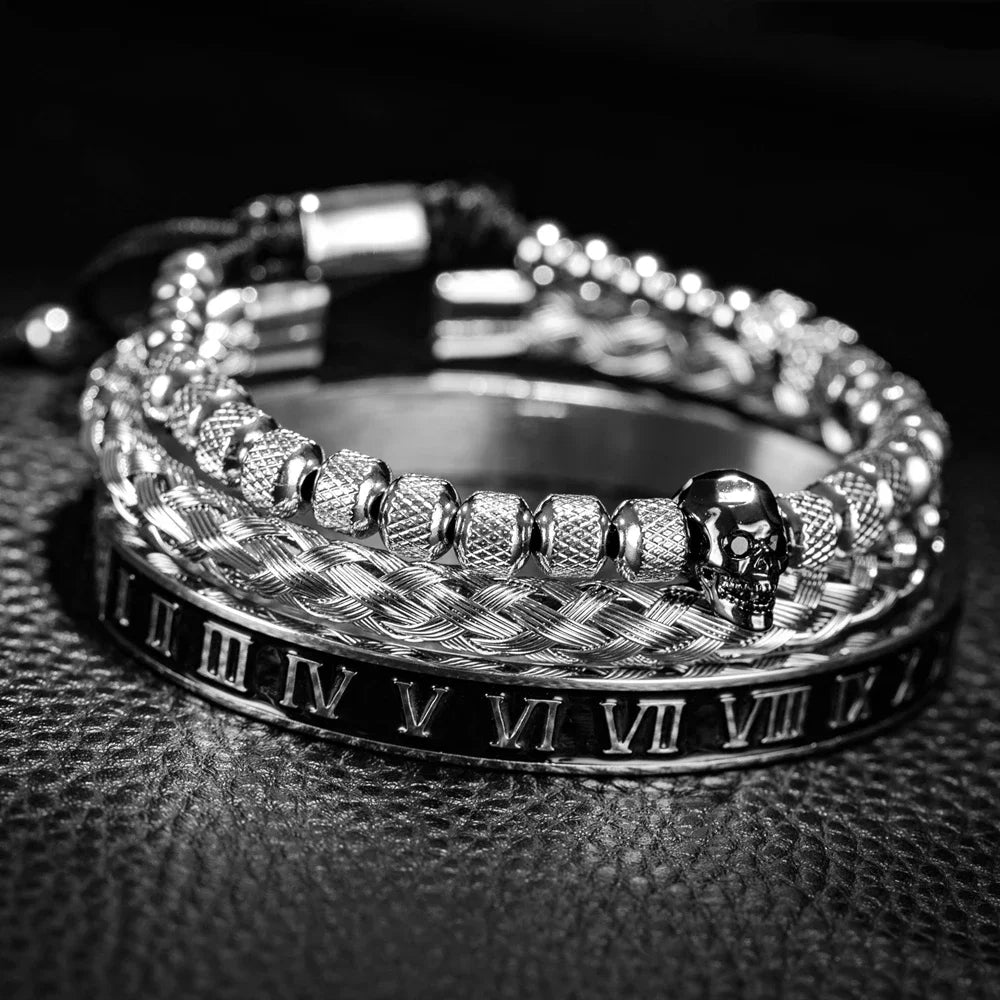 Skull Charm | No Fade Stainless Steel Black Roman Numeral Luxury Men's Bracelets