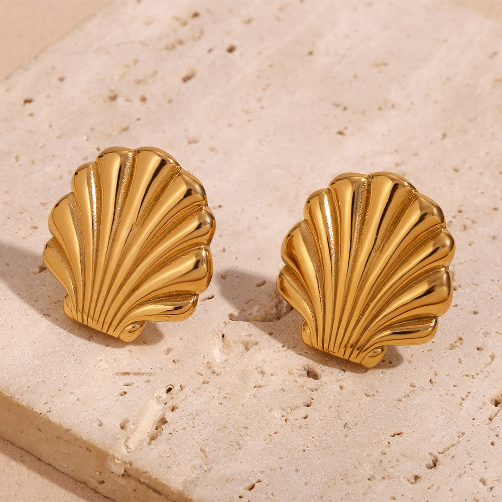18k Gold Water Resistant Sea Shell Scallop Stud Solid Stainless Steel Boho Earrings