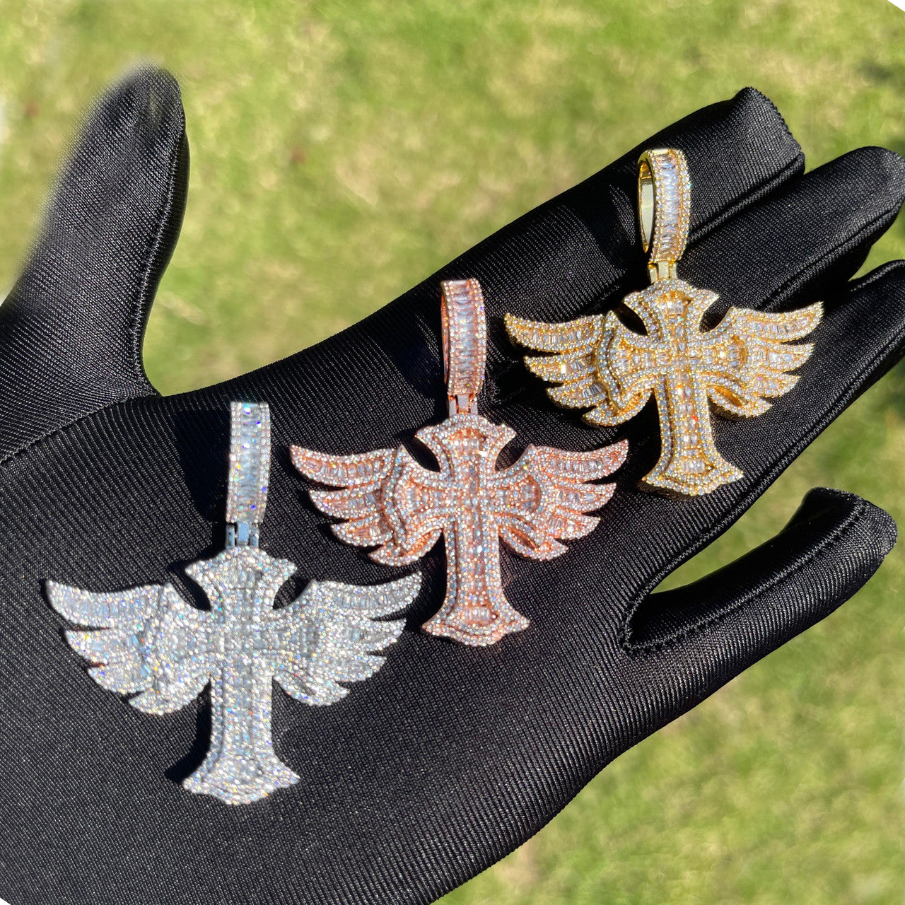 The Savior | VVS Diamond CZ Prong Set Winged Cross Iced Blinged Out Pendant