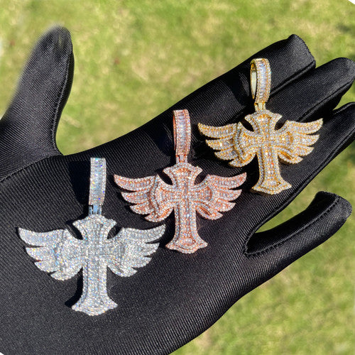 The Savior | VVS Diamond CZ Prong Set Winged Cross Iced Blinged Out Pendant