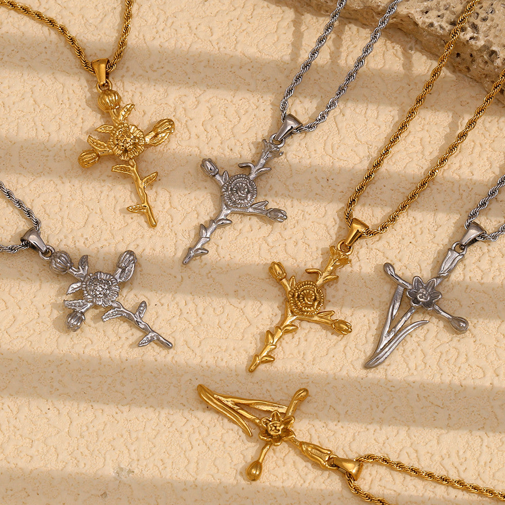Women's 18k Gold Waterproof Designer Birth Month Flower Cross Tarnish Free Necklace
