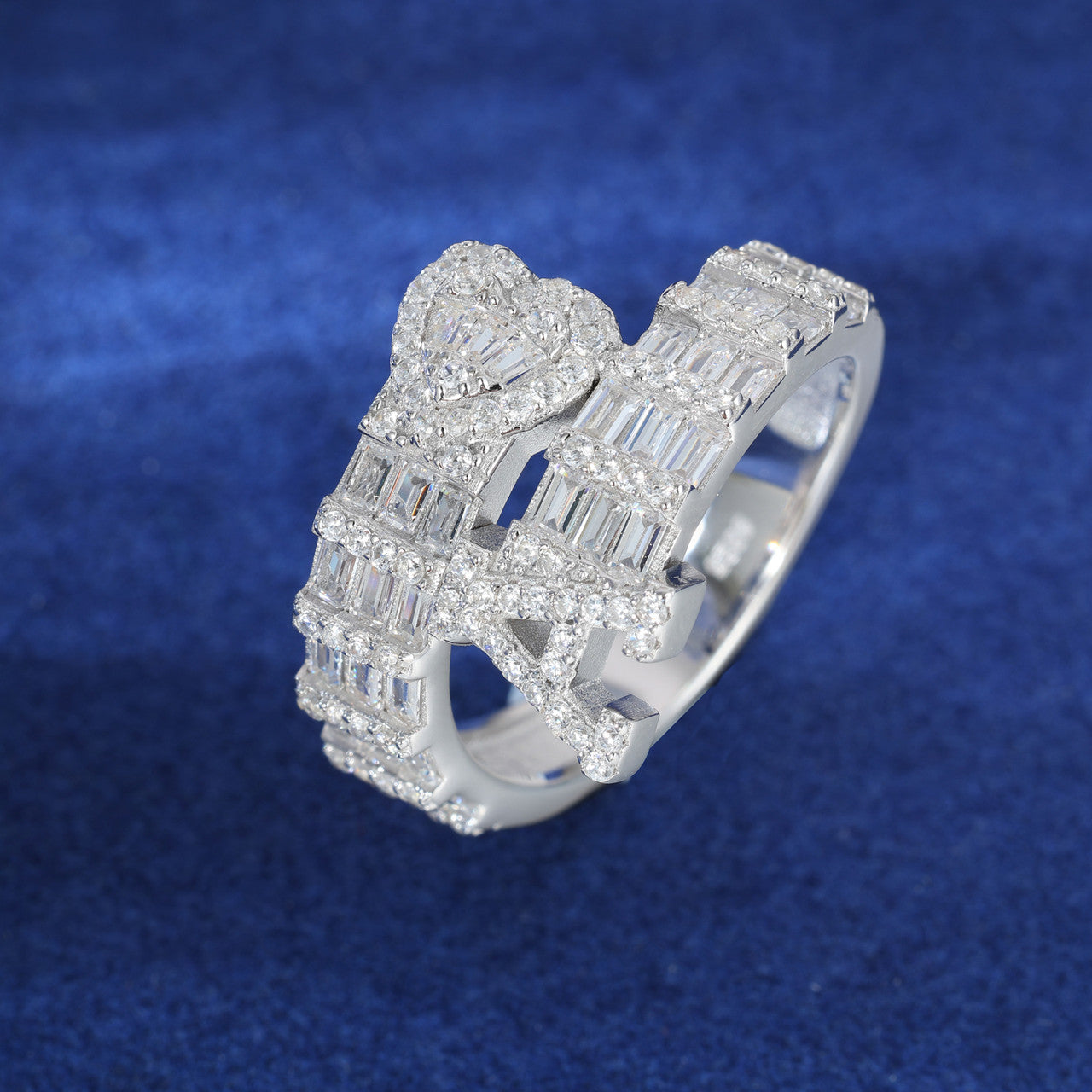 Moissanite Diamond Baguette Custom Initial Letter Heart Sterling Silver Hip Hop Rings