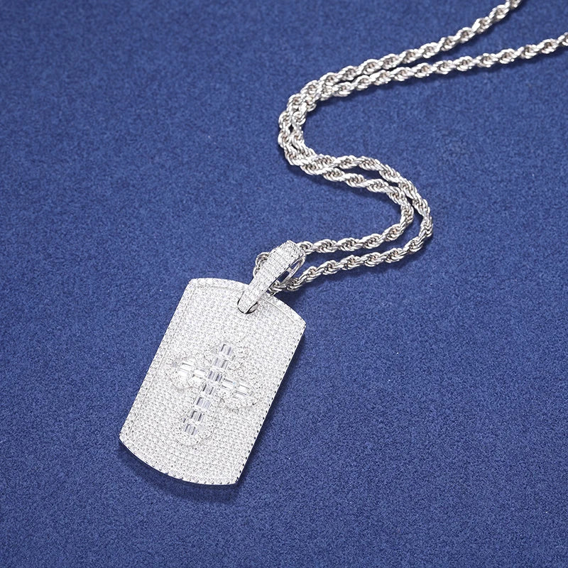 Tagged Baguette Cross | Moissanite Diamond Solid 925 Silver Hip Hop Dogtag Pendant