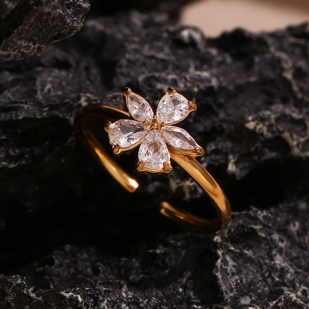 White Zircon Five petal Flower Opening 18k Gold Waterproof Stainless Steel Ring