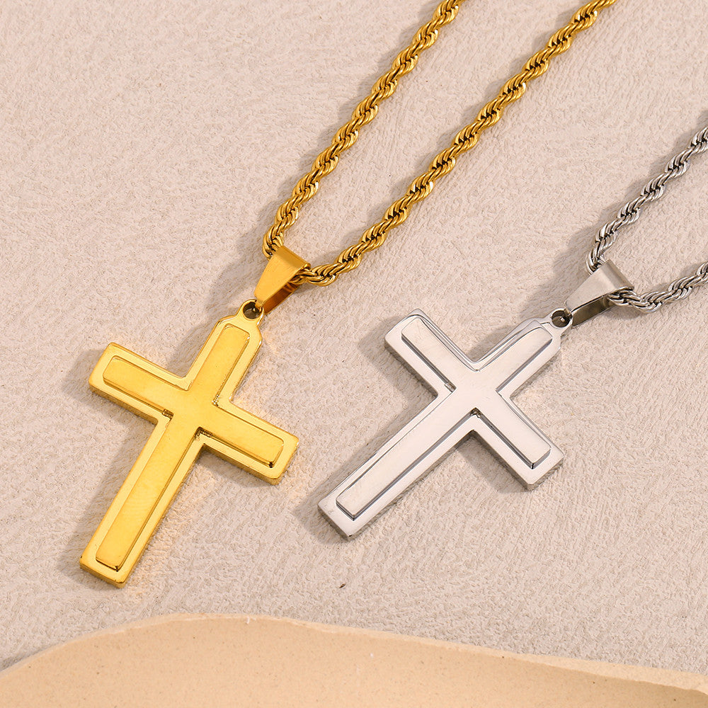Waterproof Smooth Double Cross 18k Gold Silver Stainless Steel Rope Chain Pendant