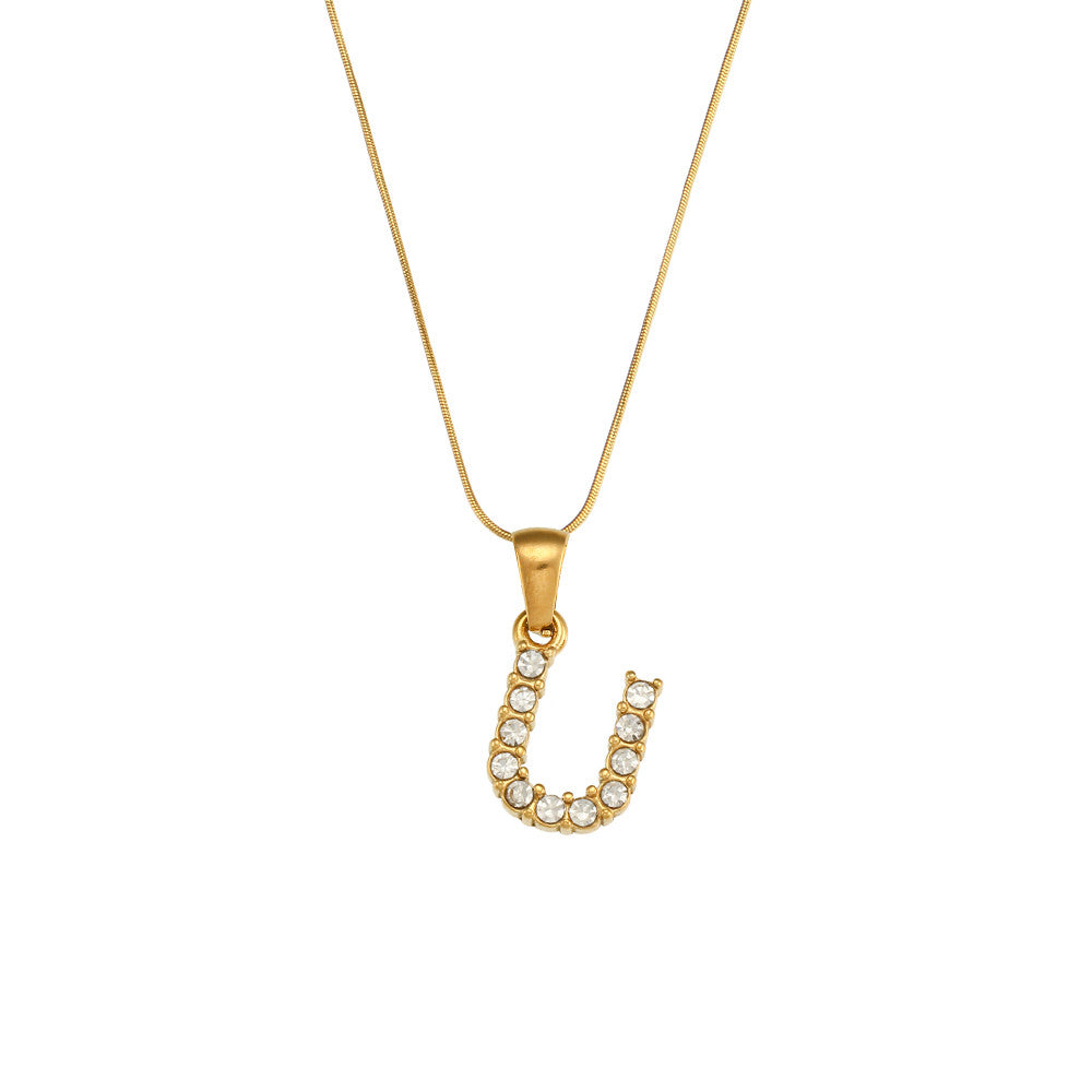 18k Gold Stainless Steel Thin Snake Chain 3A Zircon Stone Paved Initial Necklace