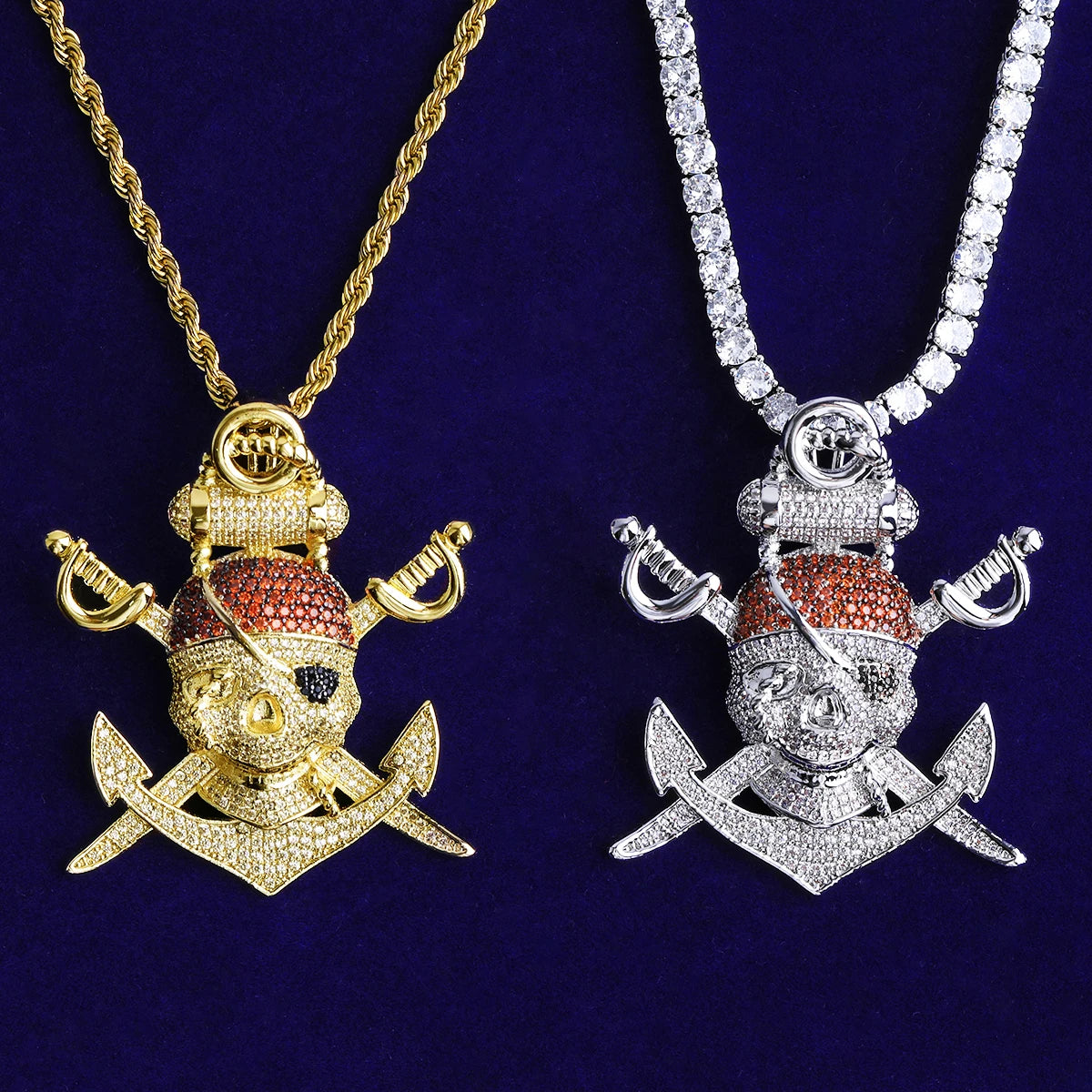 One Eyed Willie | VVS Diamond CZ Prong Set Pirate Skull Crossbones Anchor Pendant