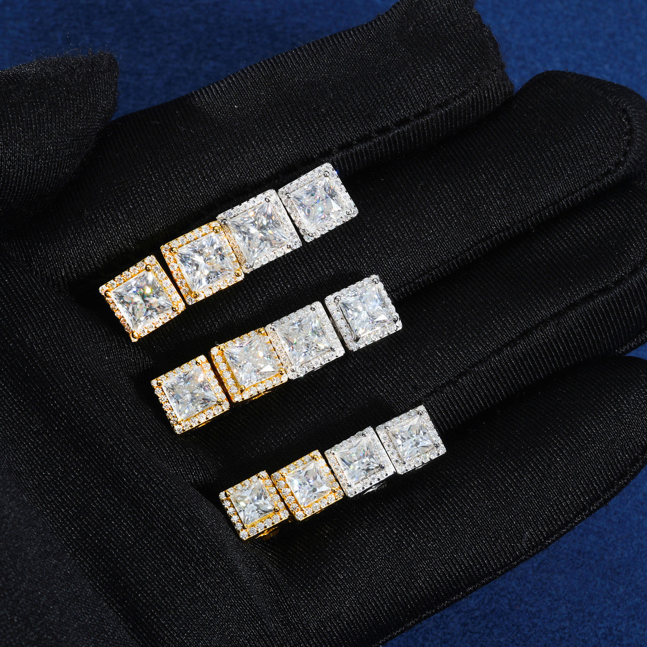 925 Sterling Silver Moissanite Diamond Halo Stud Hip Hop Princess Cut Earrings