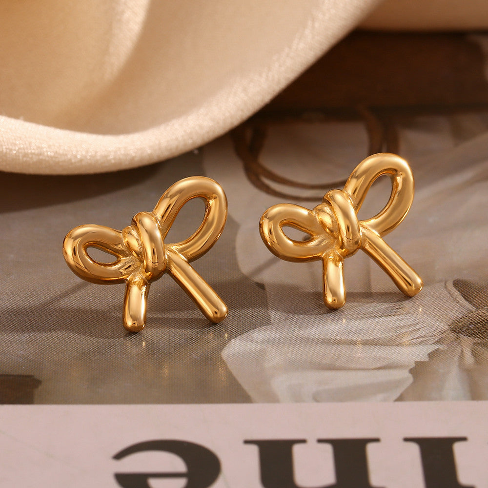 Solid Stainless Steel Silver 18k Gold Tarnish Free Smooth Bow Knot Earrings