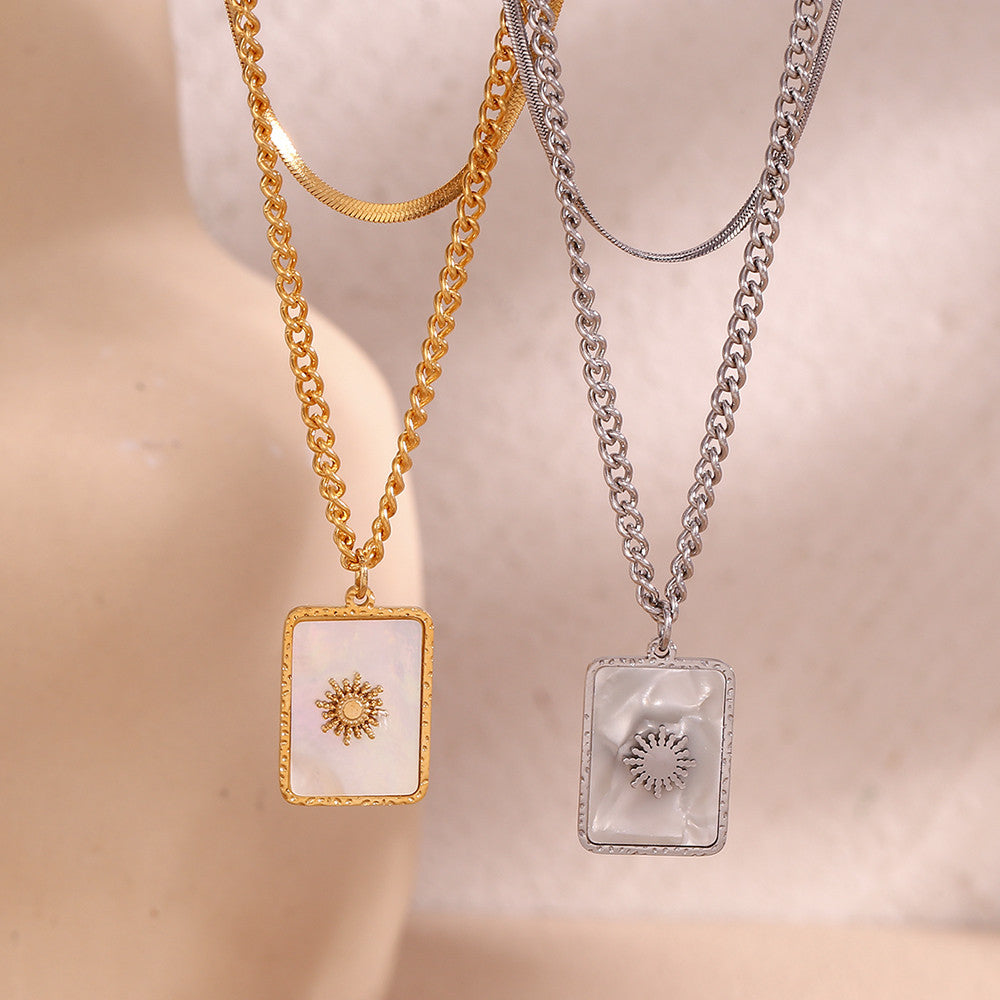 Double Layer Herringbone Twisted Chain Square Sun Ray Shell Sun Pendant Necklace