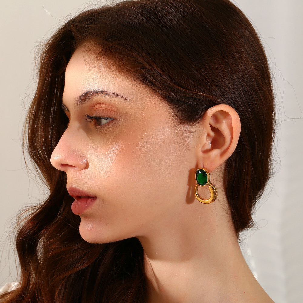 18k Gold Waterproof Oval Shape Green Zircon Classic Stainless Steel Earrings thumbnail