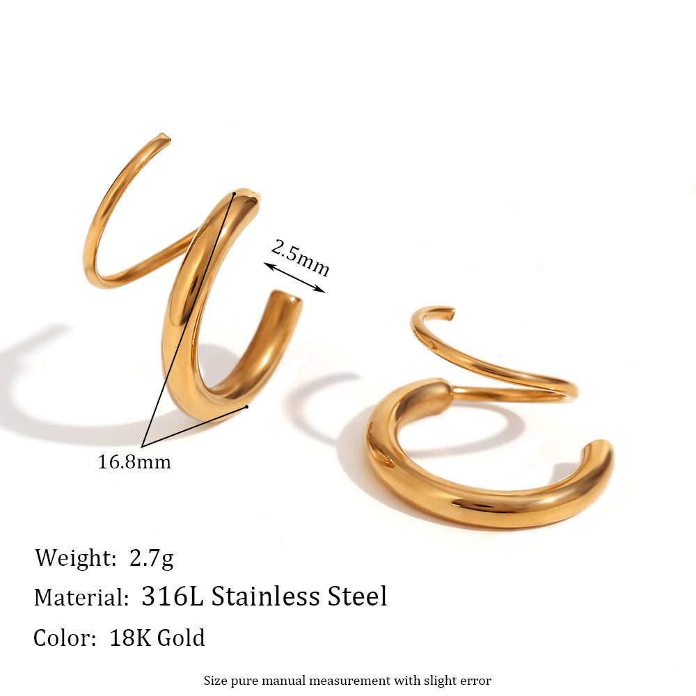 Ladies 18k Gold Stainless Steel Simple Double Layer Cord Hoop Earrings Waterproof
