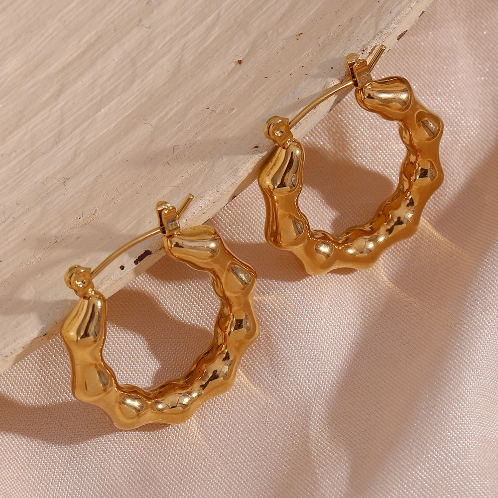 18k Gold Light Weight Stainless Steel Bamboo Nodes Shape Waterproof Hoop Earrings
