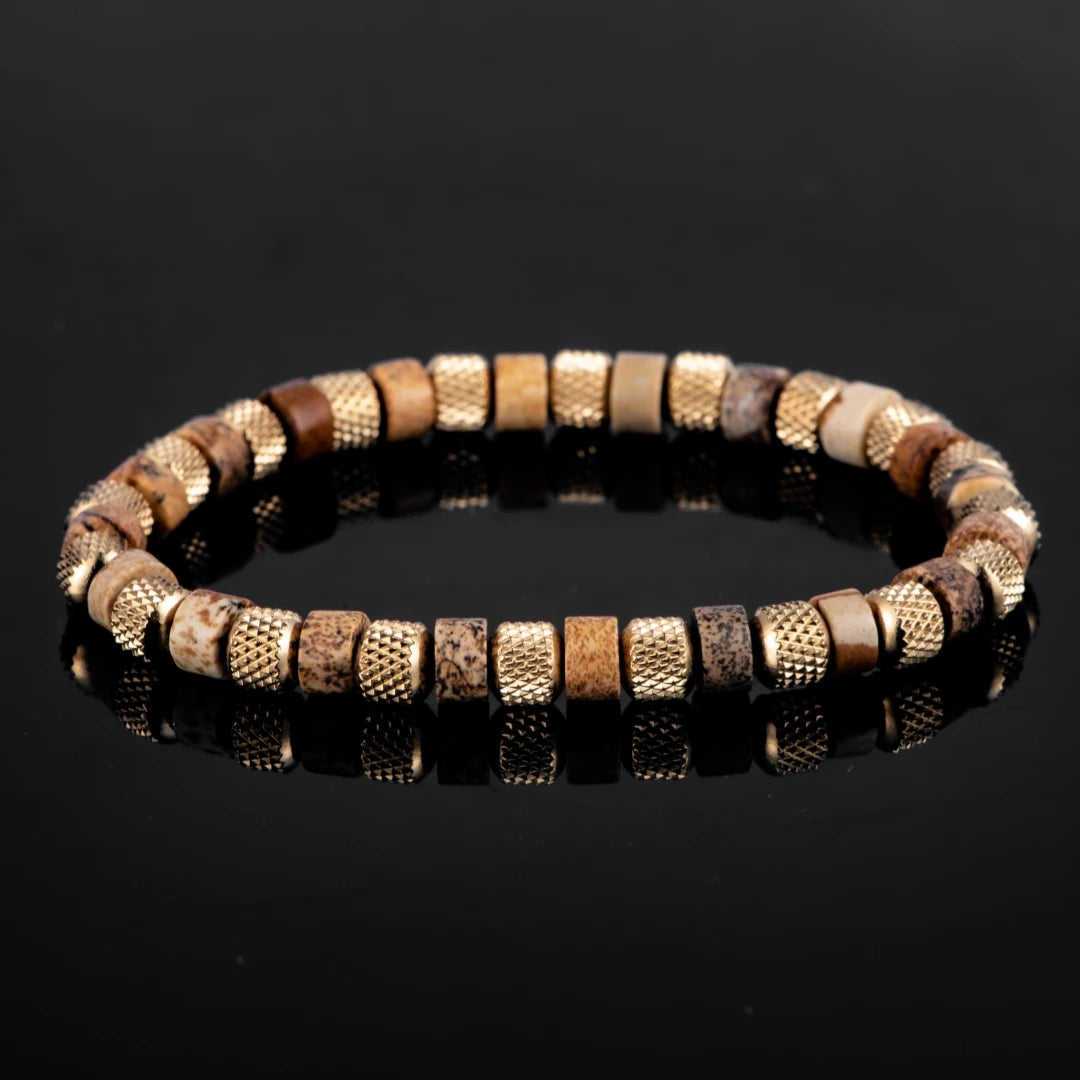 Natural Malachite |  18K Gold Over 304 Stainless Steel Mesh Beads Stone Elastic Stretch Bracelet
