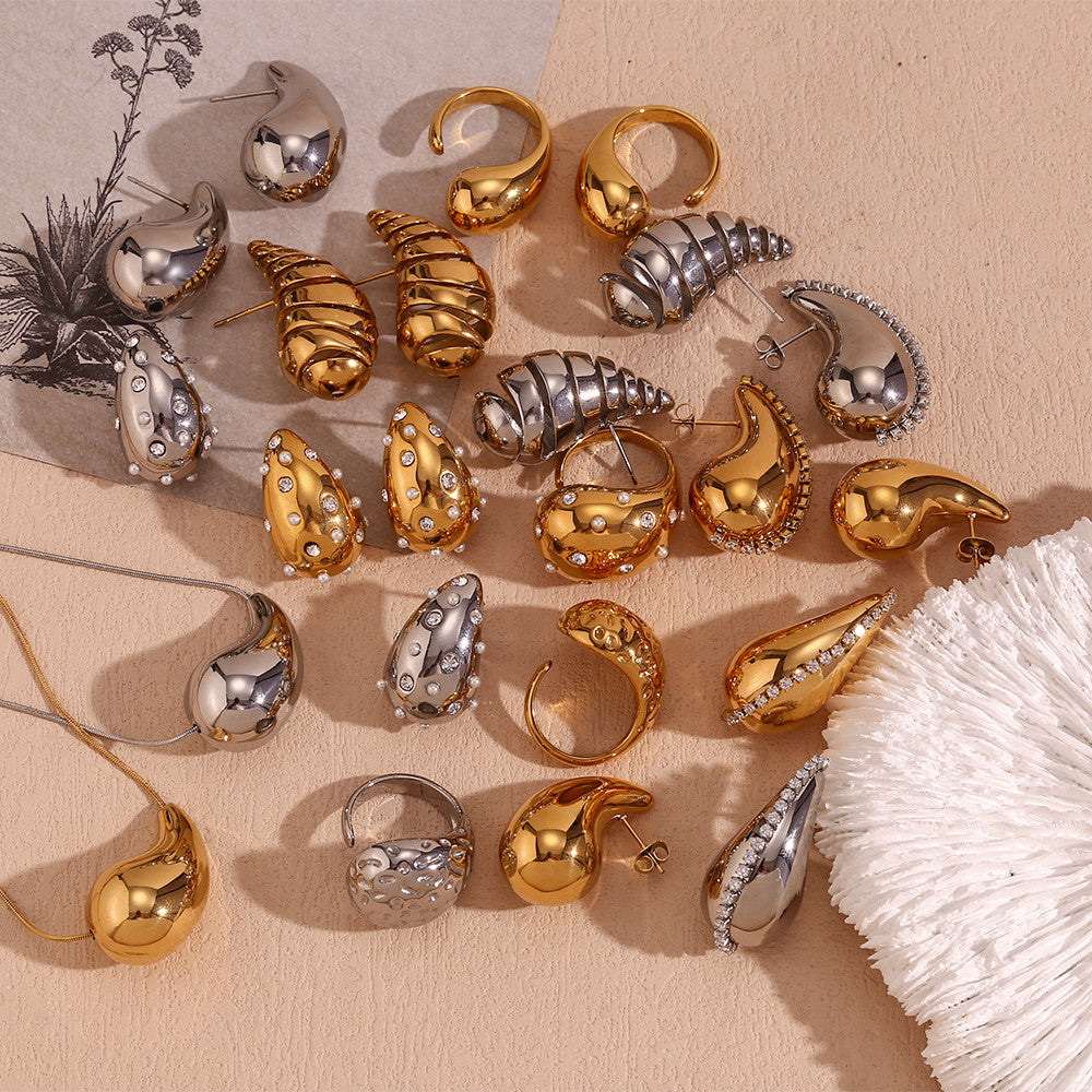 18k Gold Over Stainless Steel Princess Tear Drops Waterproof Necklace Earrings Jewelry Set