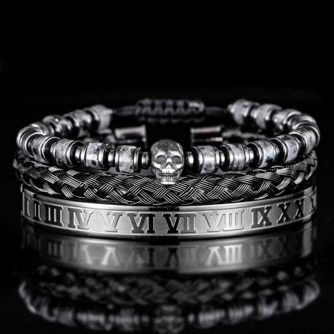 Skull Fire | Luxury 3pcs/set Men's Natural Stone Beads Hip Hop Bracelet Set