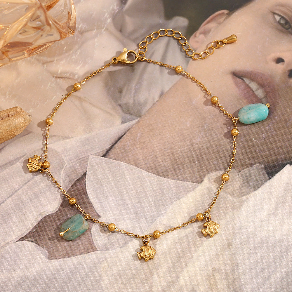 18k Gold Waterproof Cute Clown Fish Natural Amazonite Stone Anklets Ankle Bracelet