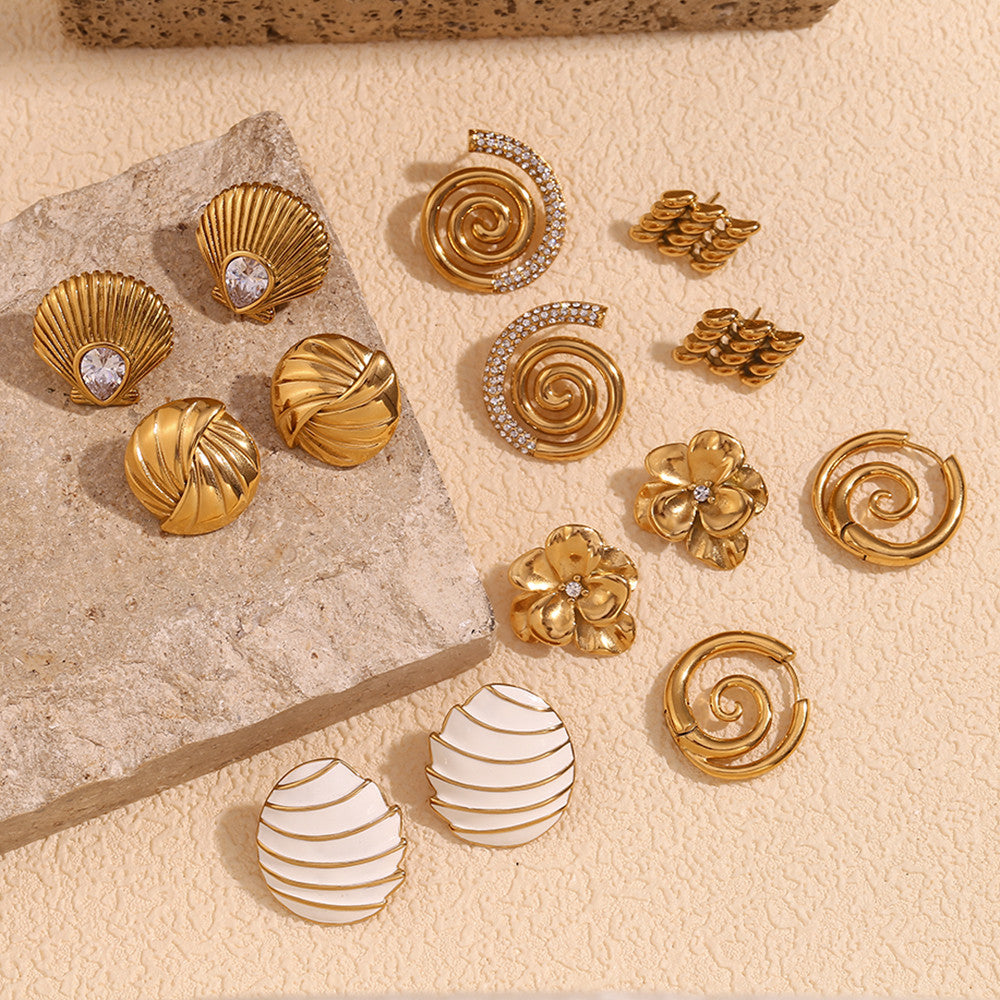 18k Gold Stainless Steel Spiral Conch Scallop White Braided Waterproof Bling Earrings