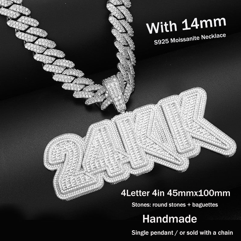 Genuine VVS Diamond Custom Made Baguette 925 Solid Silver Name Plate Pendant Chain