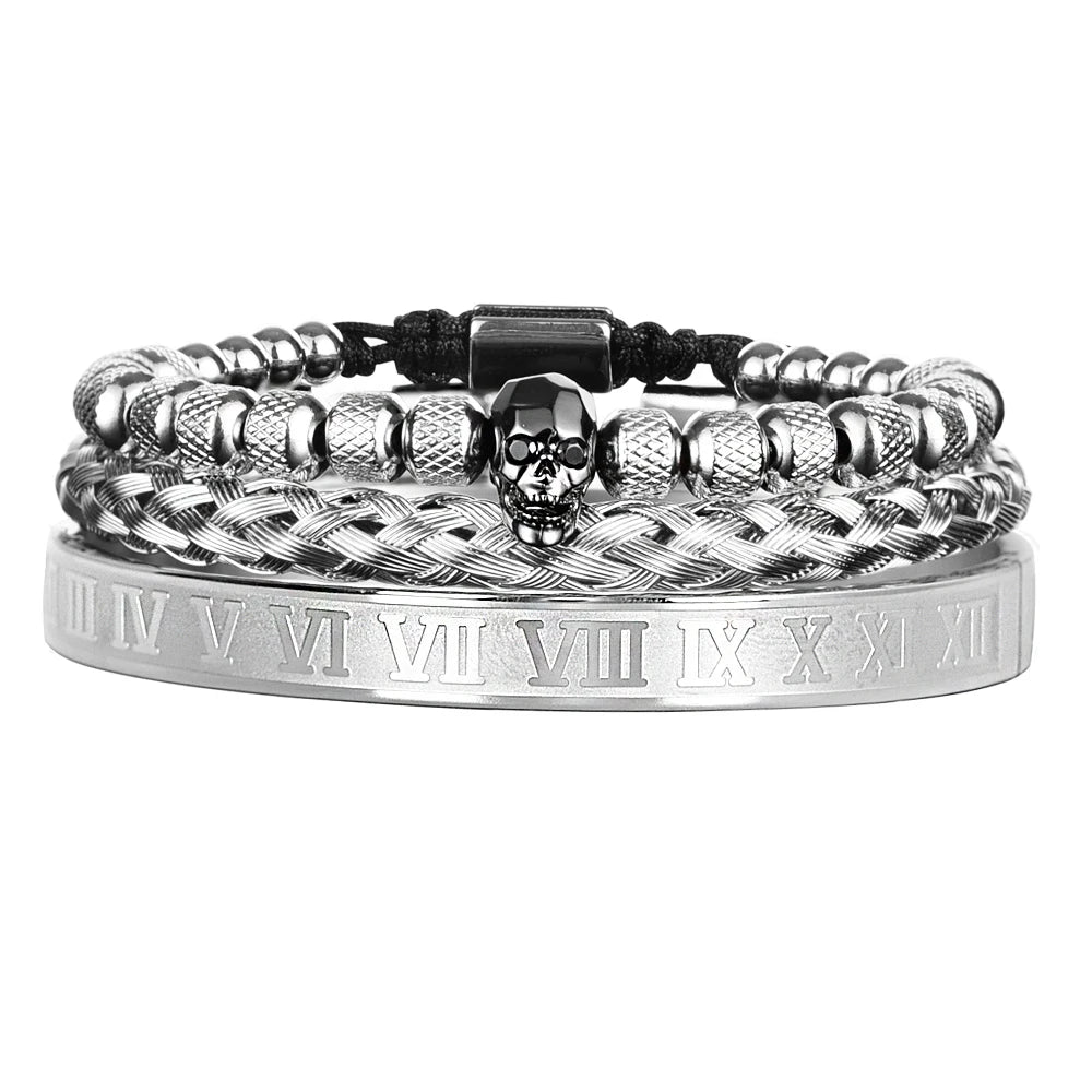 Secret Society | Luxury 3 Piece Stainless Steel Skull Roman Numerals Bracelet Set