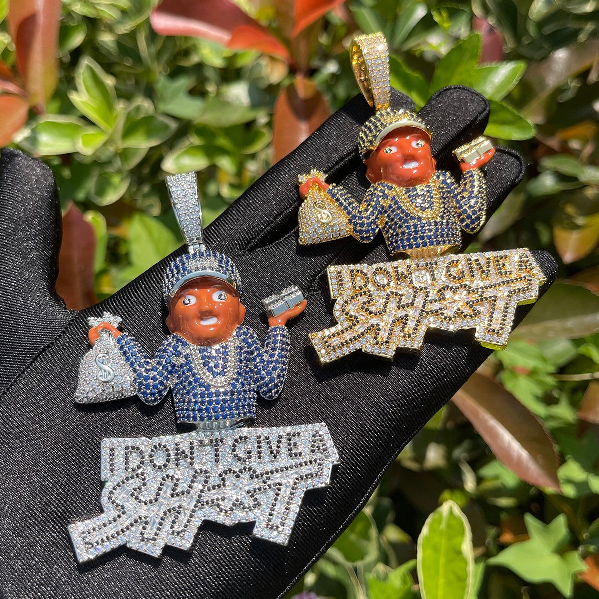 Mens I Dont Give a Shit Iced Blinged Out Money Bag Hip Hop Pendant Chain Necklace 